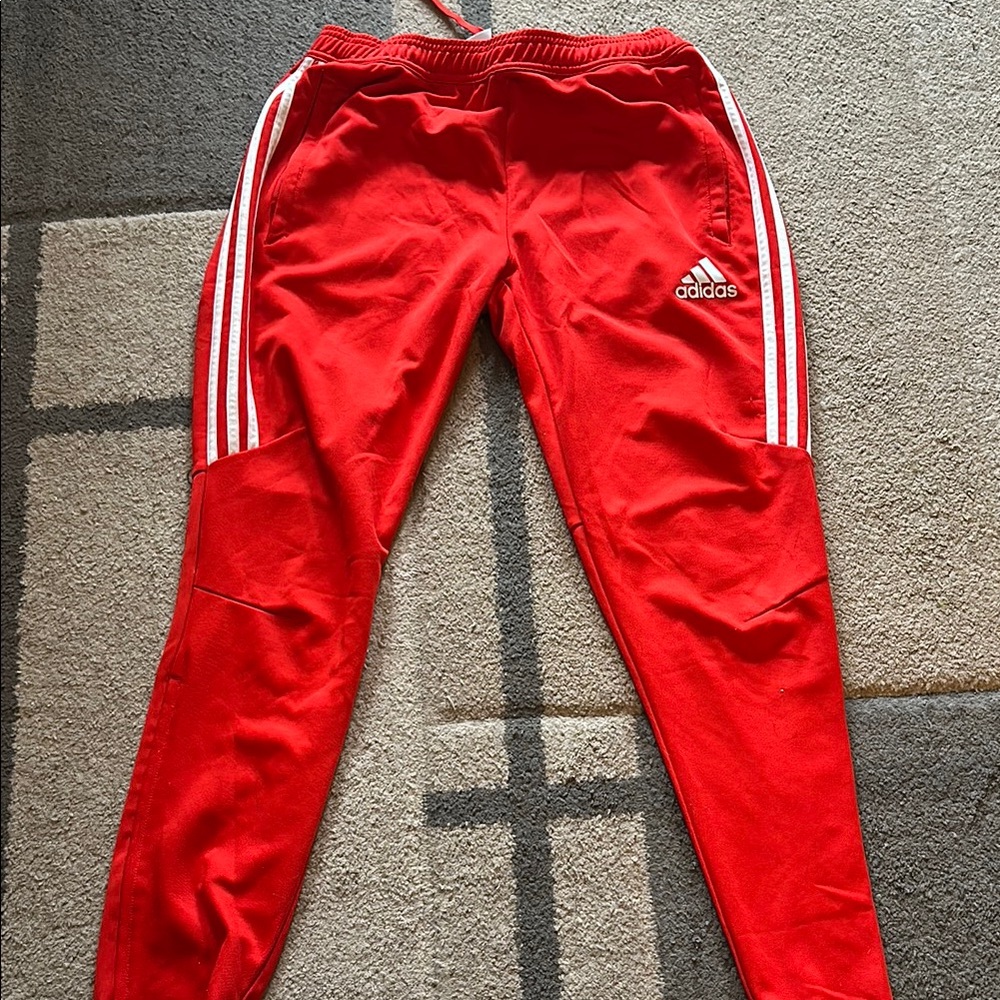 Adidas Red Track Pants with White Stripes